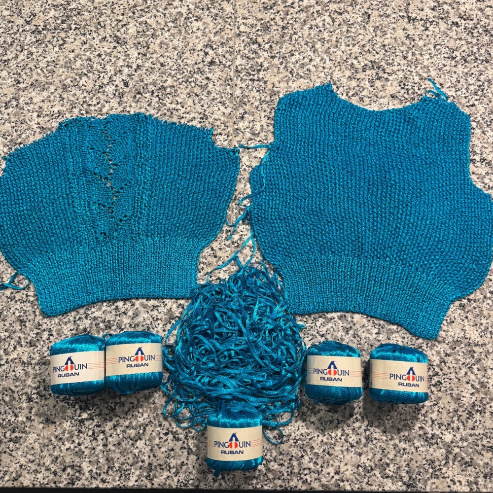 Pingouin Ruban Ribbon Yarn Turquoise Blue Lot of 5 Plus Pre-worked Knit Panels
